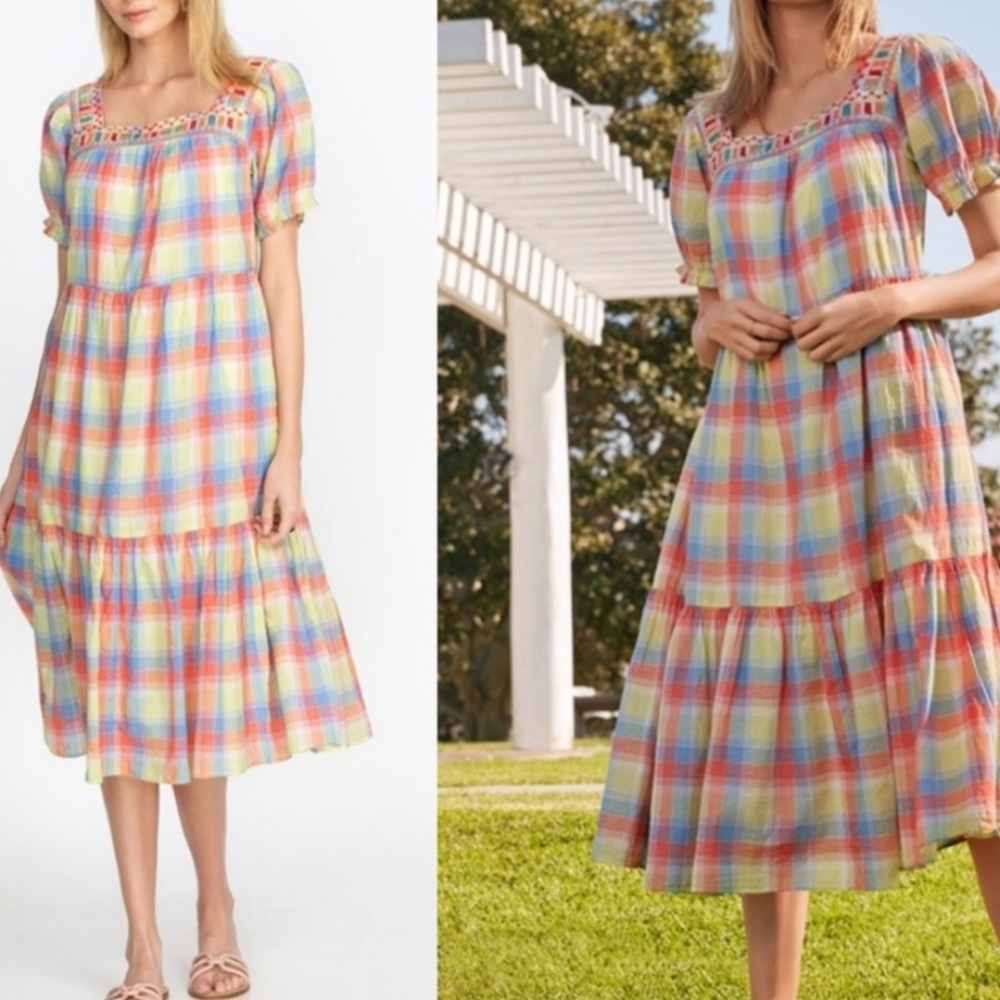 Johnny Was Delacey Plaid Square Neck Midi Dress XL Cotton Embroidered